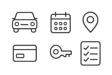 Minimalist black line icons set car key calendar location credit card checklist vector illustration transparent background simple outline design
