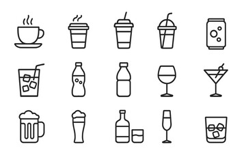 Drinks and beverages line icon set. Coffee, soda, beer, wine, cocktail and juice outline icons. Minimal vector pictogram with editable stroke for cafe and bar menu design.
