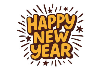 Happy New Year lettering vector illustration. Cartoon style festive greeting. Holiday celebration typography design with stars. Fun retro text effect for posters, banners.