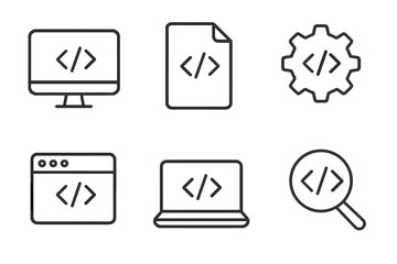 Minimalist linear style coding programming icon set including computer, file, gear, browser window, laptop, and magnifying glass symbols for software development and tech design