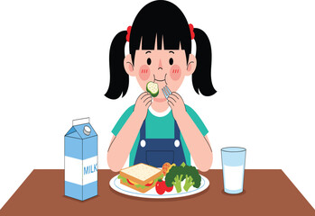 Child eating healthy food, cartoon illustration, balanced meal, vegetables, sandwich, milk, nutrition education, kids lunch, cucumber, table setting