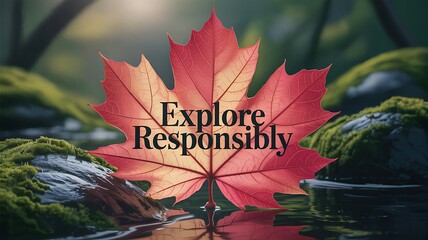 Hyperrealistic illustration of a red maple leaf on a stream with mossy rocks and text explore responsibly promoting eco travel