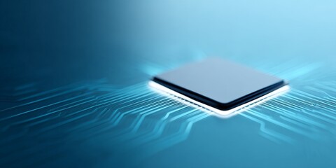 Artificial Intelligence in the Digital Economy, Futuristic microchip with glowing circuits on a blue backdrop.