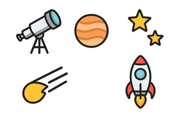 Simple Space Icons Set Featuring Telescope, Planet, Stars, Meteor, and Rocket. Colorful Cartoon Vector Illustration with Transparent Background. Space Exploration, Astronomy Symbols, Cosmic Design.