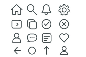 Modern thin line icons set for mobile app and web design. Minimalist user interface (UI) and user experience (UX) pictograms. Vector navigation and control elements pack.