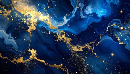 Abstract Blue and Gold Marble Texture with Glittering Accents, Elegant Background