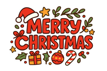 Merry Christmas lettering vector illustration for holiday greeting card. Cute cartoon typography design with Santa hat, gift, candy cane, star, and ornament for banner or poster.