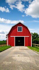 Red barn under a partly cloudy sky