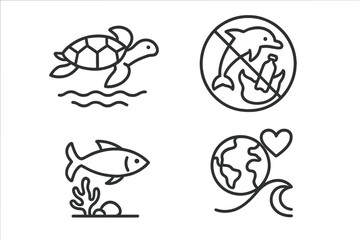 Ocean conservation icon set. Marine life protection and environmental awareness concept. Save the planet vector line art. No plastic pollution. Sea turtle, fish, dolphin icons.