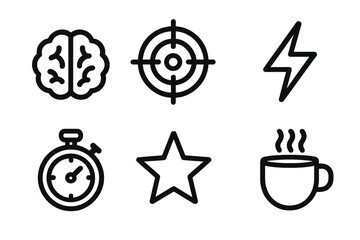 Minimalist line icon set for business success and productivity. Vector symbols of brain for ideas, target for goals, lightning for energy, stopwatch for time, star, and coffee.