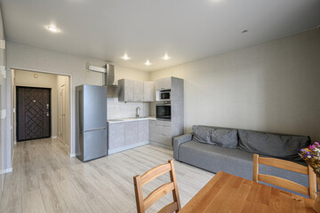 modern apartment interior. Grey kitchen cabinets, stainless steel appliances, sofa, and wooden table/chairs. Light wood floors and neutral walls