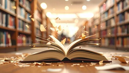 Open Book with Flying Pages in Library