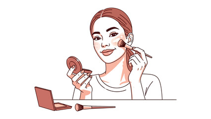 Young woman applying blush with a makeup brush while looking in a compact mirror illustration of beauty routine and cosmetic application