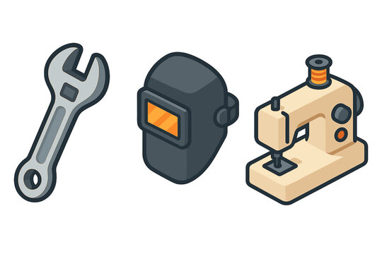 Isometric vocational training icons set with wrench, welding mask, sewing machine, technical education tools, skill development, workshop equipment, technical learning vector cartoon illustration - Powered by Adobe