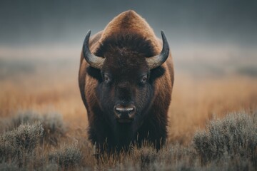 Majestic Bison Grazing in Lush Green Field of Tall Grass Under a Bright Blue Sky Creating a Peaceful and Natural Wildlife Scene in the Countryside