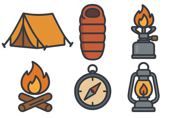 Outdoor camping icon set. Collection of vector cartoon illustrations: tent, sleeping bag, stove, campfire, compass, lantern. For hiking, adventure and travel concepts.