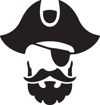 Black and white silhouette of a pirate head with eye patch and beard vector illustration