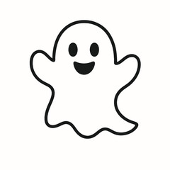 A cartoon ghost with a smiling face and black eyes on a black background illustration