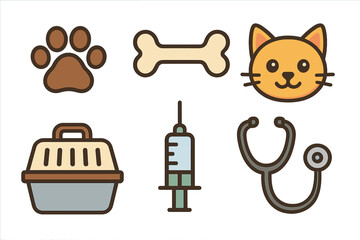 Pet care essentials vector icons set of paw print, dog bone, cat face, pet carrier, syringe, stethoscope. Cartoon style illustration for animal health and veterinary concepts, transparent background