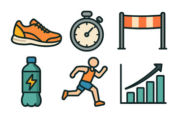 Naklejka premium Running icon set for fitness and sport. Vector cartoon illustration of a runner, shoe, stopwatch, finish line, energy drink and progress chart. Marathon training concept.
