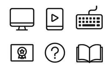 Minimalist technology and education icons set with computer, media play button, keyboard, certificate award, question mark, and open book symbols in vector cartoon style transparent background