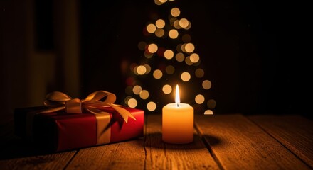A red box with a gold ribbon sits on a wooden table