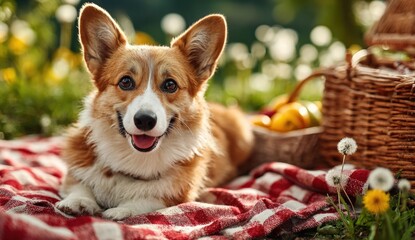 Smiling corgi rests on a checkered blanket, with picnic basket in a sunny, green field