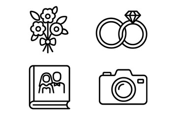 Wedding photography icons set with bridal bouquet, diamond wedding rings, wedding photo album, professional camera outline vector illustration for wedding services design