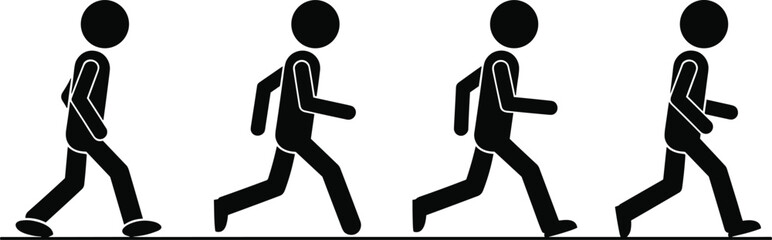 Four stick figure people walking in a line on white background Keywords: stick figure, walking icon, people icon, group icon