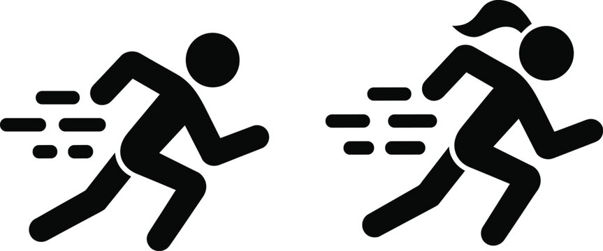 Male and female runners in motion with speed lines on white background Keywords: running icon, runner icon, speed icon, motion