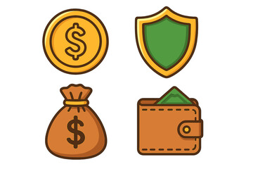 Money savings and insurance icon set. Finance protection, security concept. Vector dollar coin, shield, money bag, wallet icons. Banking, investment, wealth, payment.