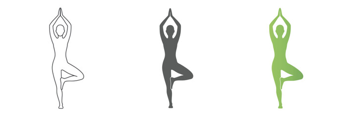 Vector art of collection of three yoga tree pose icons, including a dotted outline, a solid silhouette, and a green gradient figure, all isolated on a, representing balance and wellness