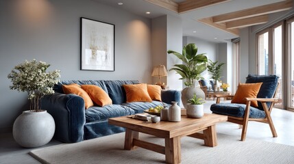 Fototapeta premium Modern living room design urban apartment interior photography contemporary setting wide-angle view aesthetic comfort and style