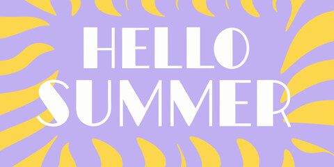 Hello summer text with yellow abstract sun rays on a purple background