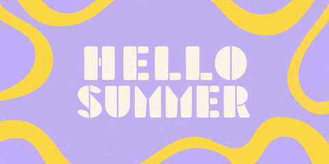 Retro hello summer text with wavy yellow shapes on a purple textured background
