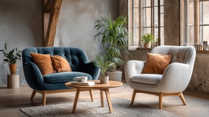 Fototapeta premium Cozy living room furniture arrangement modern home interior design natural light stylish view comfort and aesthetics