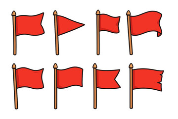 Various red flag designs vector set. Cartoon style different red flags on wooden poles for warning, alert, signal, danger, protest, hazard, marker, sport and navigation concept illustration.
