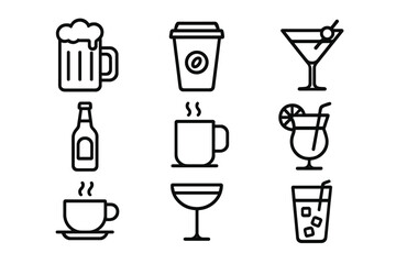 Drink and beverage line icon set. Collection of minimalist outline symbols for menu, bar, and cafe. Vector icons of beer, coffee, tea, cocktail, and juice for web and app design.