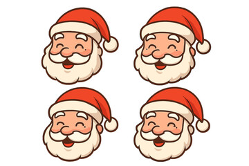Happy Santa Claus face icon in cartoon style, vector illustration set with red hat and white beard, cheerful Christmas character, festive holiday design, transparent background
