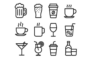 Drink and beverage line icon set. Collection of modern outline symbols for web and apps. Contains simple linear pictogram of beer, coffee, cocktail, wine, tea, soda, juice.