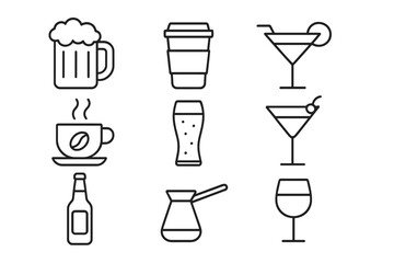 Drinks and beverages line icon set. Modern minimal vector symbols for web, apps. Collection of coffee, beer, wine, cocktail, tea icons for cafe, bar, restaurant menu design.