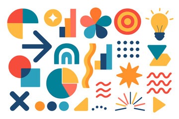 Colorful flat vector illustration of diverse graphic shapes and designs for creative projects and marketing materials, modern cartoon style with transparency effect