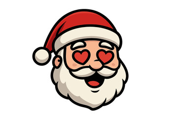 Santa Claus face icon with heart-shaped eyes, festive Christmas cartoon style, joyful holiday illustration, vector art with transparent background, cute seasonal character