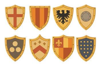 Collection of medieval knight shields. Vector heraldry set with coat of arms symbols. Flat cartoon illustration of historic armor, eagle, cross, fleur-de-lis for game assets.