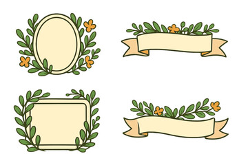 Decorative floral frames and banners with green leaves and orange flowers, vector flat illustration set for nature-themed design projects, rustic style decorative elements, transparent background