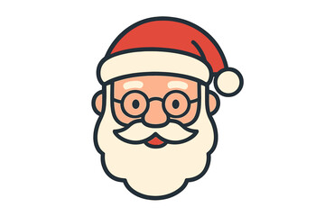 Santa Claus face icon with red hat, white beard, glasses, flat cartoon style, Christmas holiday vector illustration, festive winter character with transparent background