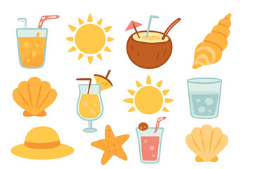 Vector flat illustration of summer elements including tropical drinks with straws, seashells, starfish, sun icons, and beach hat in cartoon style for summer vacation and tropical beach themes