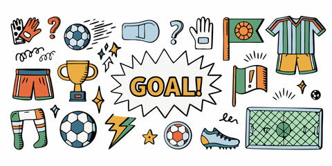 Collection of hand drawn soccer elements including a goal trophy jersey shorts socks ball gloves and flags