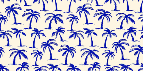 Seamless pattern of blue palm trees on a cream background a tropical summer design