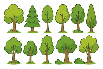 Vector flat illustration of various trees and bushes in natural green landscape, cartoon style, collection of different tree shapes with transparent background for design projects